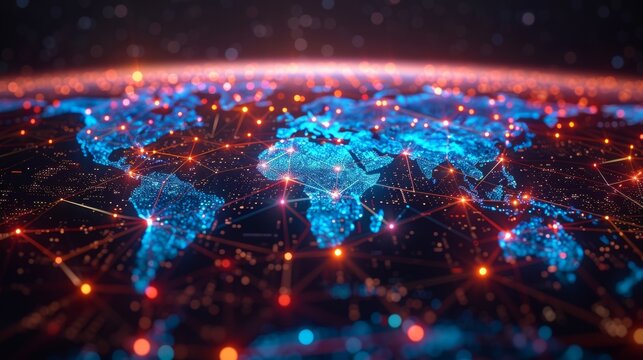 global business concept with a digital world map and communication lines connecting continents, symbolizing globalization and networking in banner design