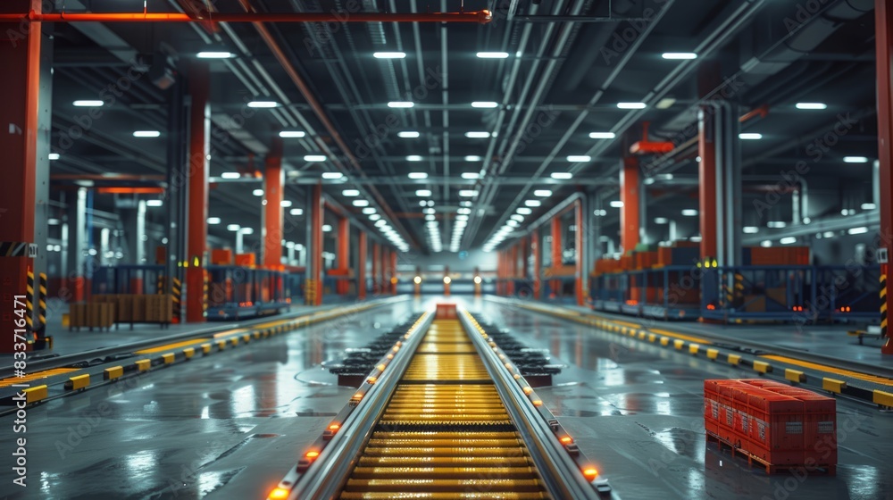 Poster warehouse with automated storage and retrieval systems efficiently sorting goods.