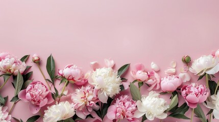 A delicate flat lay arrangement showcasing a border of lush flowers on a solid surface, providing a charming and romantic setting ideal for greeting cards, invitations, and social media posts.