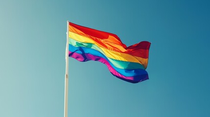 A vibrant rainbow flag flying high against a clear blue sky, symbolizing hope, pride, and unity for the LGBTQ community Isolated white background, copy space - Powered by Adobe