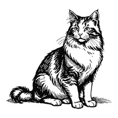 Obraz premium Norwegian Forest Cat Hand Drawn Engraved Ink Line Art Sketch Illustration
