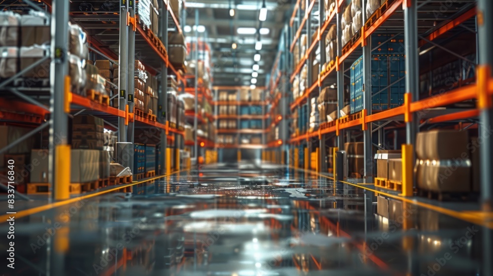 Poster warehouse with automated storage and retrieval systems efficiently sorting goods.