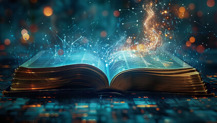 Obraz premium An open book with pages turning into digital data streams, representing the integration of technology and education in AI educational tools. 