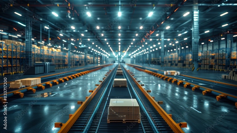 Poster warehouse with automated storage and retrieval systems efficiently sorting goods.