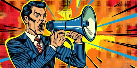 Retro Businessman Shouting into Megaphone