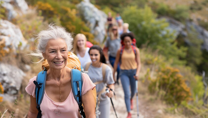 a  of multi-generational women hiking together on a scenic trail, with the older generation leading and everyone enjoying nature, Multiracial Group, multi generationa