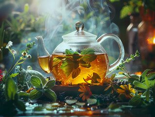 A teapot with tea, tea leaves, and flowers