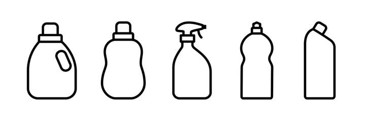 Bottle of cleaning liquid outline icons set. Plastic containers for household chemicals products. Isolated vector illustration 