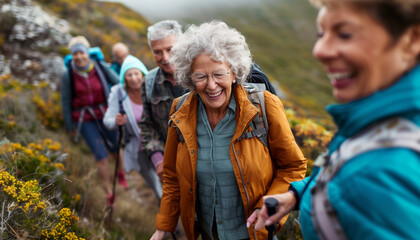 a  of a group of senior friends hiking on a scenic trail, helping each other and enjoying nature, Multiracial Group, People, Senior people, Friendship, happy, Adult,
