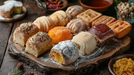 A wooden table with a variety of pastries and desserts