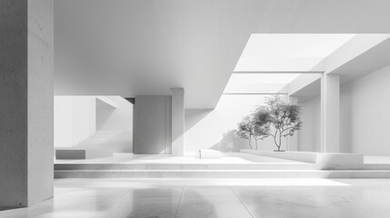 Fototapeta premium Abstract architectural composition with smooth white surfaces and ample empty space, highlighting modern design