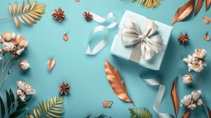 Fototapeta premium A gift box with a decorative ribbon bow, set on a flat lay solid color background with dried flowers and tropical leaves, featuring ample area for copy