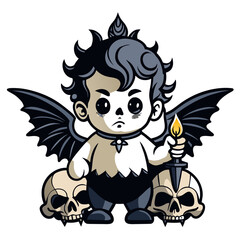 cherub holding a skull with gothic elements such as dark, ornate patterns, and sharp, angular wings. Use deep, dark colors and add elements like candles, ravens, and iron gates