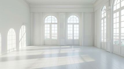 Obraz premium An empty white room with ample natural light and sleek architectural details, presenting a blank canvas for creative exploration and conceptual photography.