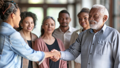 Obraz premium a detailed image of a senior professional shaking hands with a younger colleague, symbolizing mentorship and career achievement, Multiracial Group, multi generational, Senior peopl