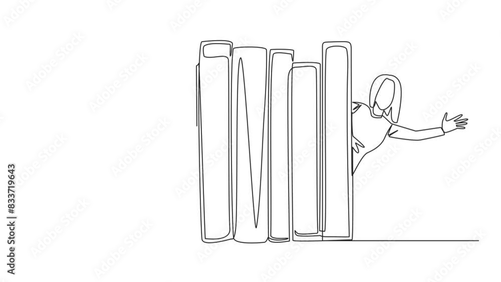Poster animated self drawing of continuous one line drawing man woman appears from behind a row of books. i