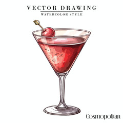 Cosmopolitan alcoholic cocktail vector vintage watercolor style
