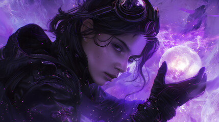 Portrait of a woman with flowing hair holding a wand