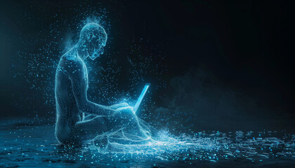 Fototapeta premium A man is sitting on the ground with a laptop in front of him by AI generated image