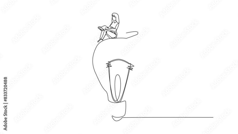 Poster animated self drawing of continuous one line drawing people sitting on big lightbulb. read with seri
