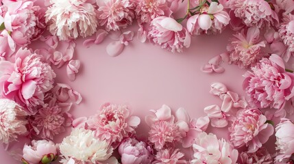 Peony blooms arranged in a circular pattern on a light pink surface, forming a visually appealing frame with negative space in the center.