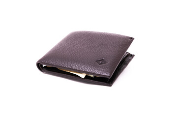 Closed men's wallet with credit cards and dollars on a white background