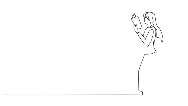 Animation of single continuous line drawing woman walking while reading book. The gesture of memorizing something from a book. Read anywhere. Addicted to reading. Book festival. Full length motion