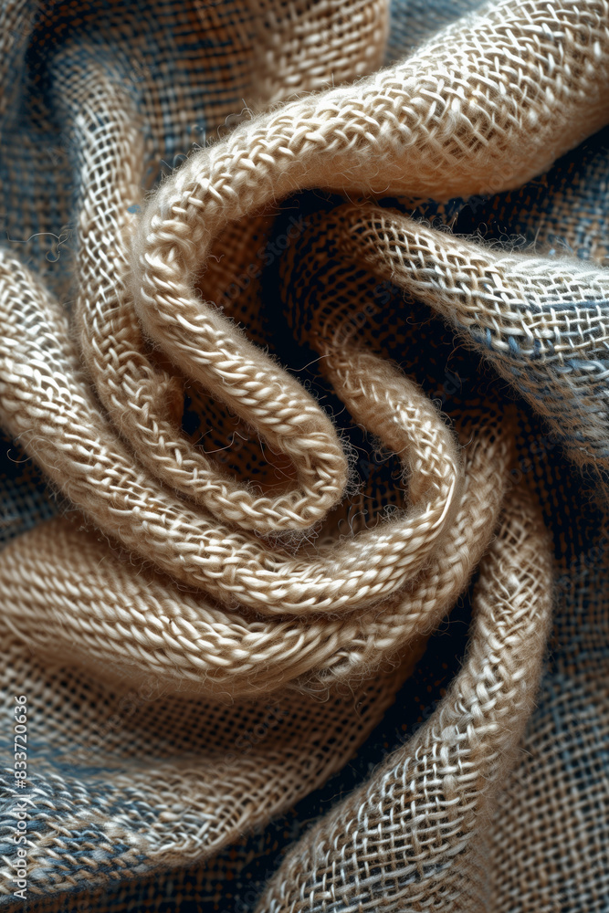 Poster a piece of fabric with a brown and blue pattern. the fabric is rolled up and has a fuzzy texture