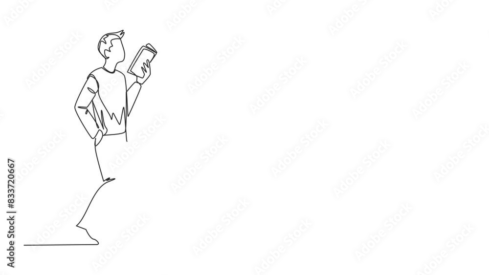 Poster self drawing animation of single continuous line drawing man walking while reading a book. the gestu