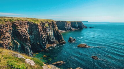 Obraz premium Majestic seascape with a peaceful beach, clear waters, and a bright blue sky, perfect for travel and holiday visuals.