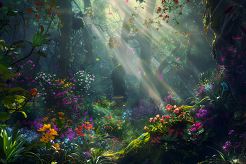 A lush, colorful forest with a bright sun shining through the trees