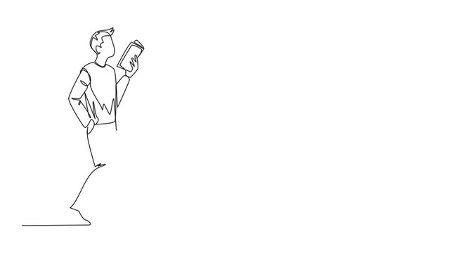 Self drawing animation of single continuous line drawing man walking while reading a book. The gesture of memorizing something from a book. Addicted to reading. Book festival. Full length animated
