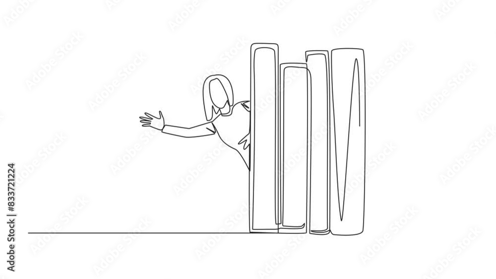 Poster animation of single one line drawing a woman appears from behind a row of books. invitation to read 