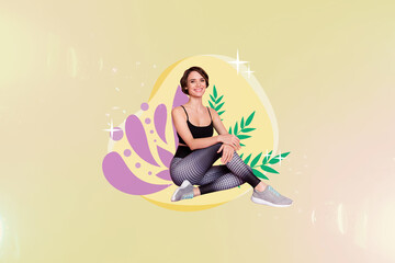 Composite sketch image artwork photo collage of flower nature spring season leaves young woman keep balance stretching sit rest relax