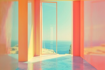 A room with a large window overlooking the ocean