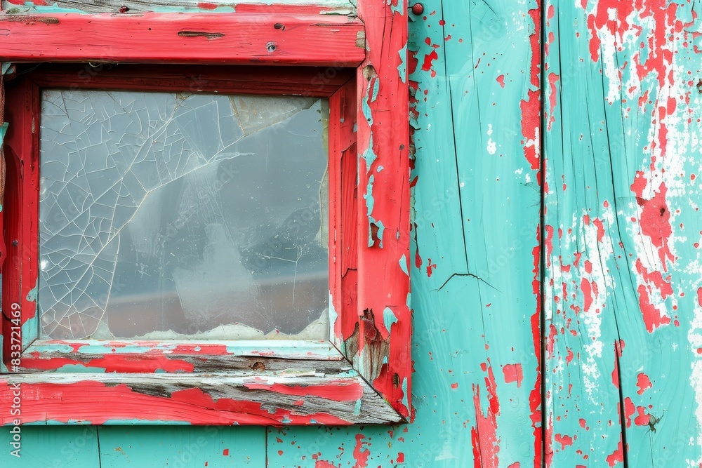 Poster a window with a frame that is broken and has a spider web on it
