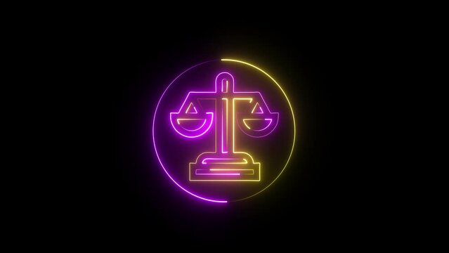 Abstrack glowing neon line justice icon animation on black background