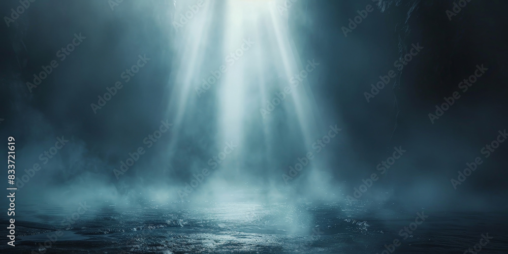 Poster ethereal rays of light piercing through a dark, misty environment creating a mystical and serene atm