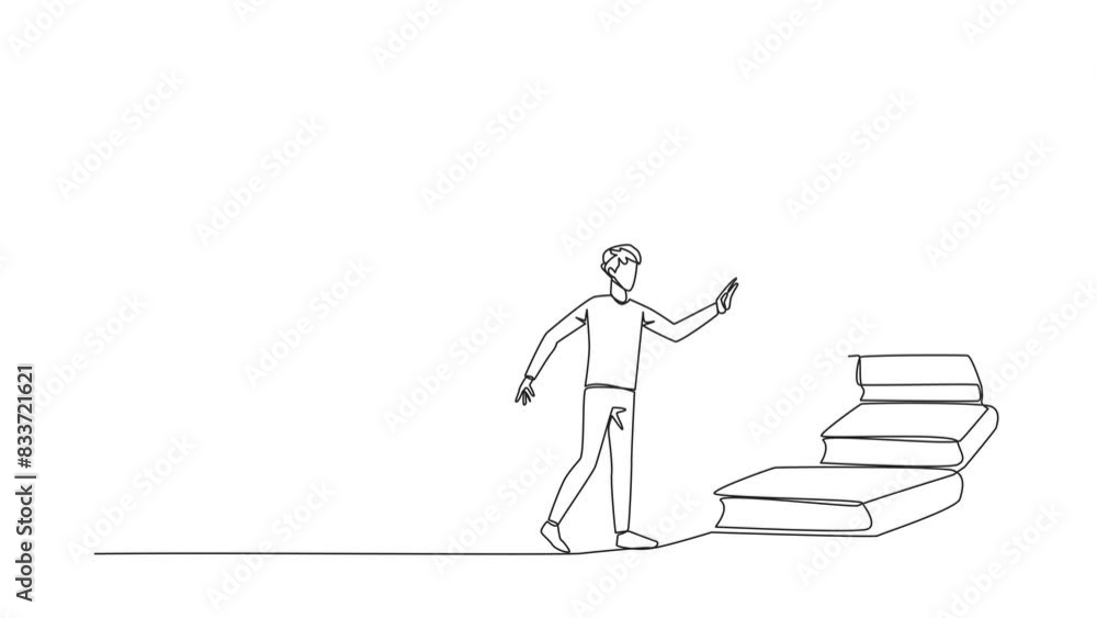 Poster animation of single one line drawing man climb the stairs from the book stack. towards the wide open