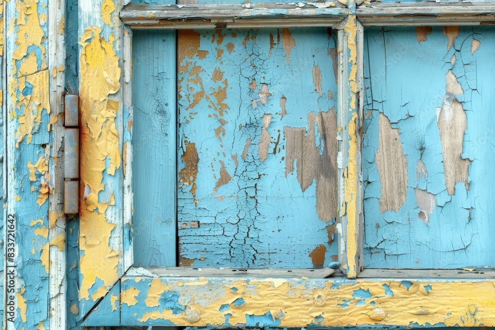 Poster a window with a frame that is broken and has a spider web on it