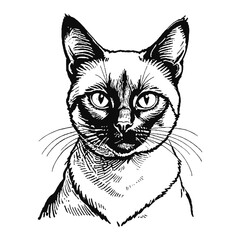 Siamese Cat Hand Drawn Engraved Ink Line Art Sketch Illustration