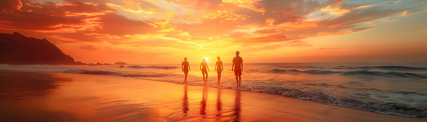 Photo realistic as Friends enjoying a beach sunset: A group of friends relax and enjoy a stunning sunset on a serene beach, embodying relaxation and friendship. Ideal for beach tra