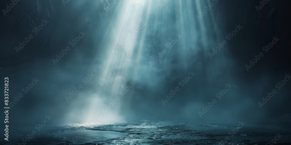 Poster ethereal rays of light piercing through a dark, misty environment creating a mystical and serene atm