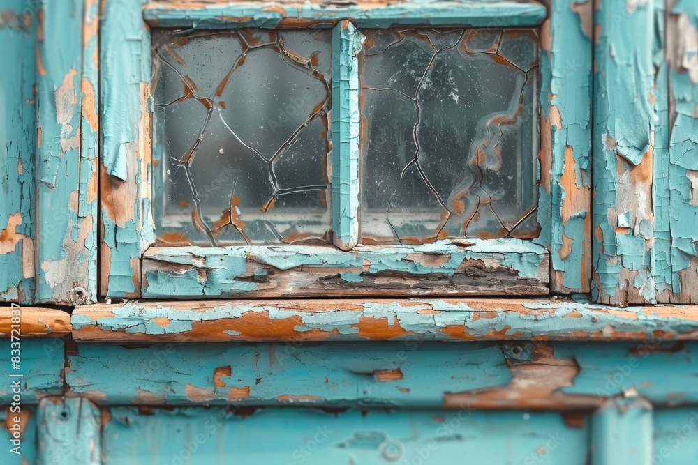 Poster a window with a frame that is broken and has a spider web on it