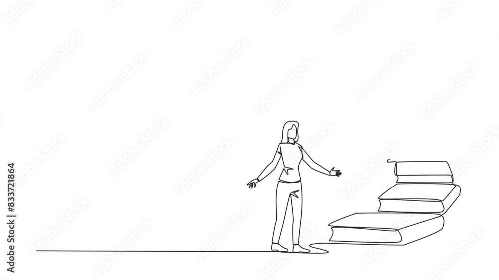Aufkleber self drawing animation of single one line drawing woman climb the stairs from the book stack. toward