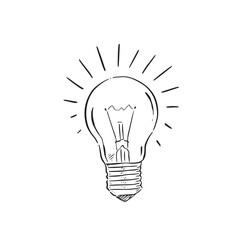 A line drawn illustration of a light bulb in black and white. The bulb has lines radiating from the light source.