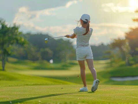 Determined Asian 12-Year-Old Girl Swinging Golf Club on Lush Green Course with Focus | Raw Style Sports Photography