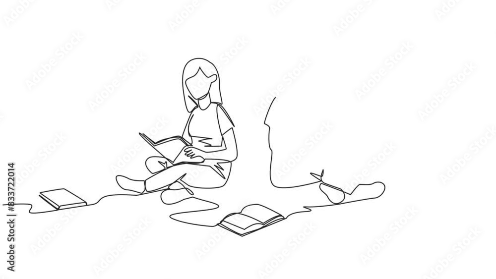Poster animated self drawing of continuous line drawing man woman sitting relaxed in library reading lot of