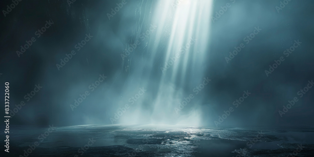 Poster ethereal rays of light piercing through a dark, misty environment creating a mystical and serene atm