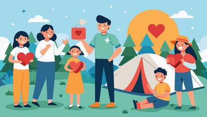 Fototapeta premium With hearts full of gratitude and connection families packed up their tents and said farewell to new friends grateful for the unforgettable church. Vector illustration